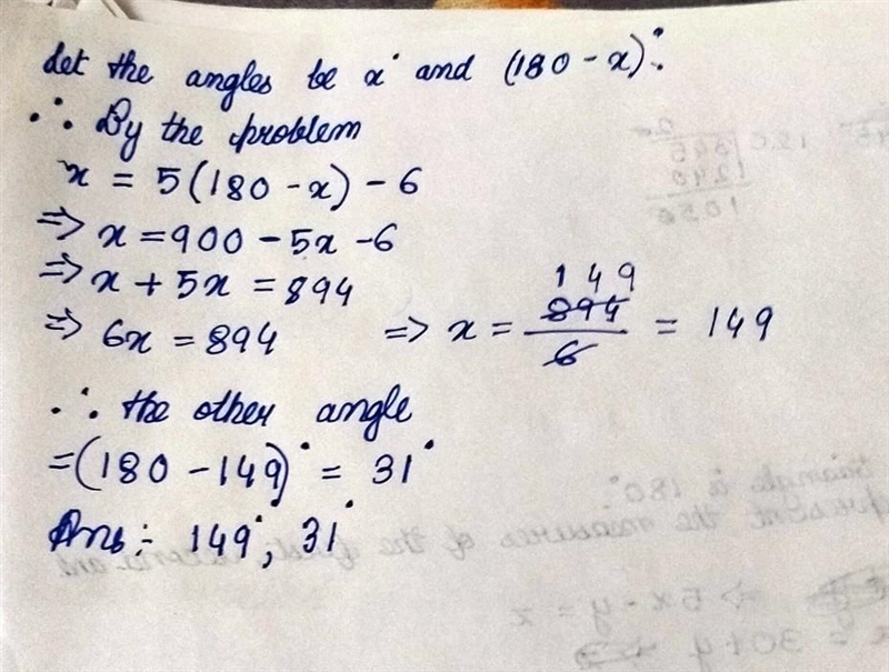 Find the measures of two supplementary angles if the measure of one angle is 6 less-example-1