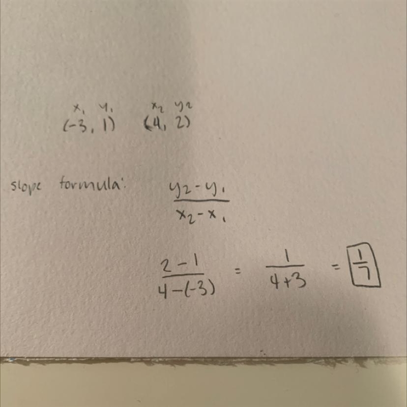 (-3,1) (4,2) slope Show work pls-example-1