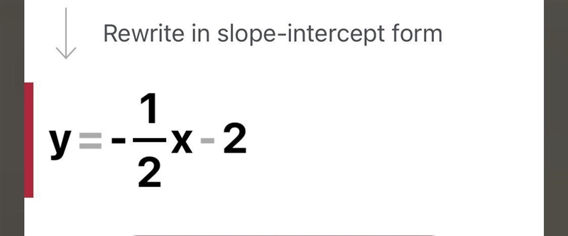 Rewrite x+2y=-4 in slope intercept-example-1