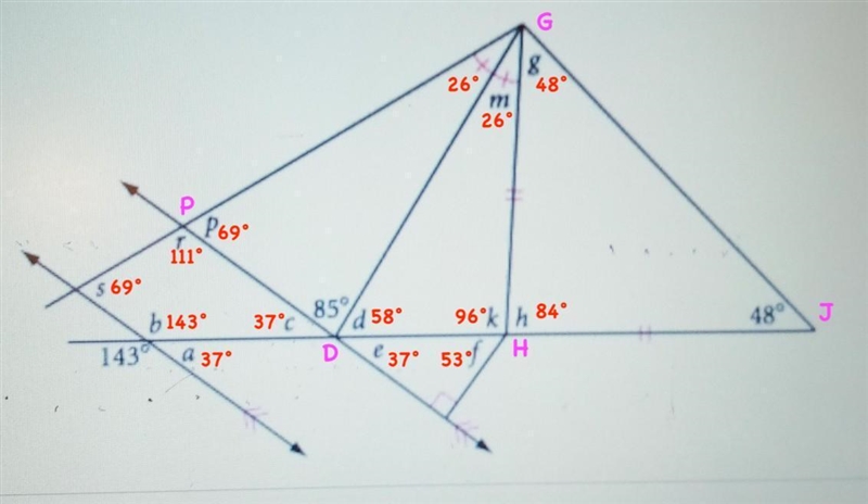 Use all of the angle relationships that we have covered to find the missing angles-example-1