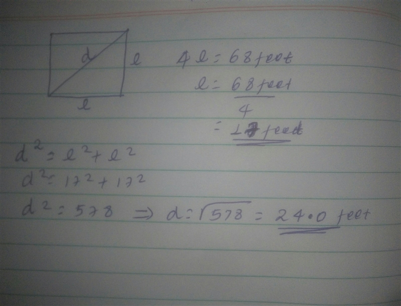 33. If the perimeter of a square is 68 feet, find the approximate length of its diagonal-example-1