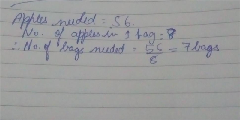 a baker needs to buy 56 appels to make his pies if each bag contains 8 apples how-example-1