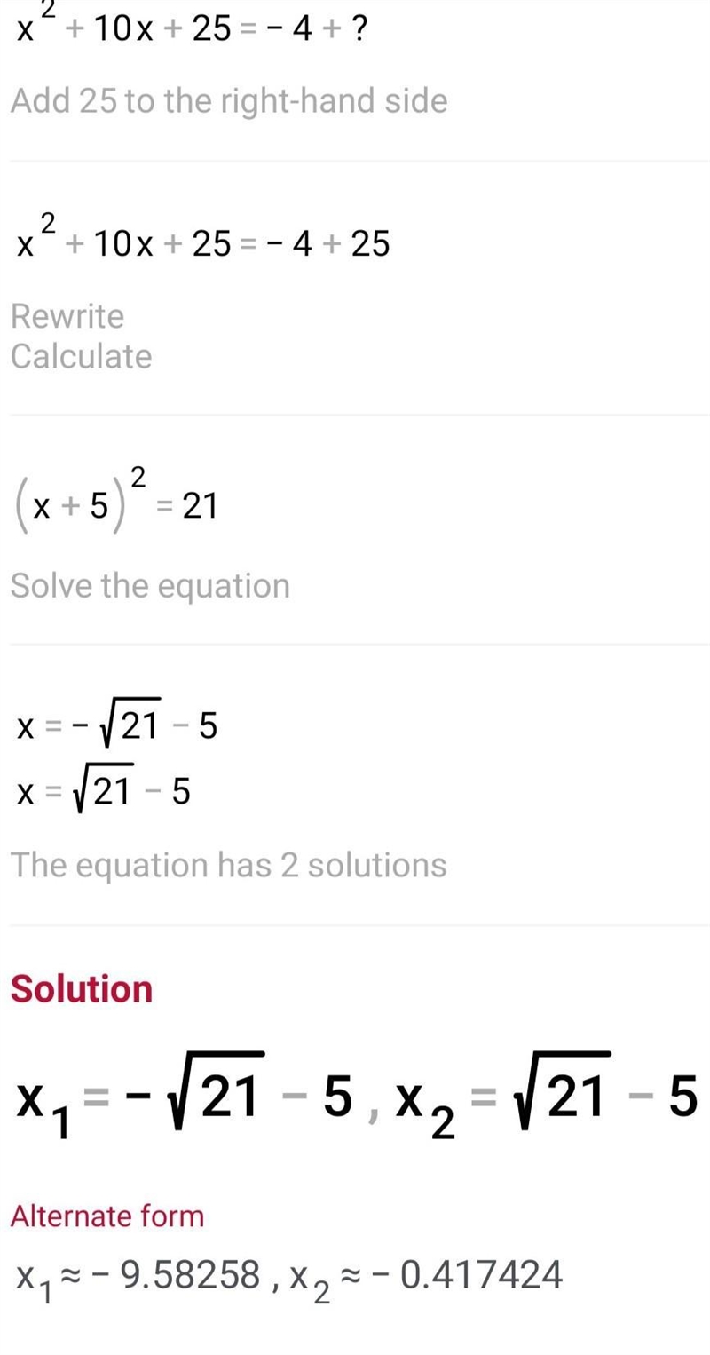 Solve 2x2 + 20x + 8 = 0 by completing the square. Question 12 options: x = 5 + 17−−√, x-example-2