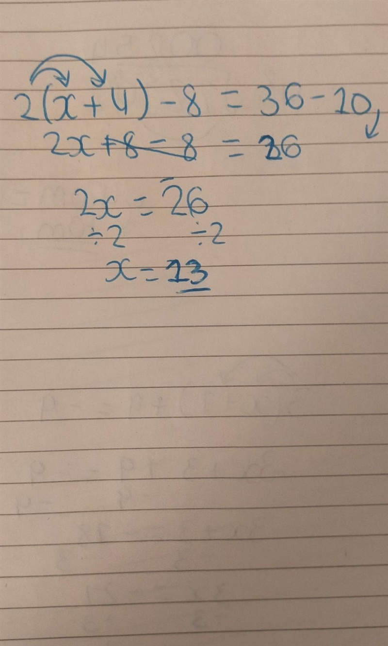 Solve and describe the steps used to find x for the equation: 2(x + 4) – 8 = 36-10-example-1