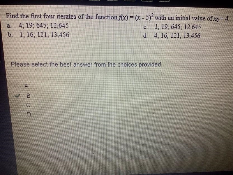 Find the first four iterates of the function f(x) = (x - 5)2 with an initial value-example-1