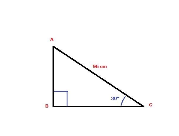 96 cm с B ABC is a right angled triangle. if B = 90°, AC = 96 cm, C = 30°. cm AB =-example-1