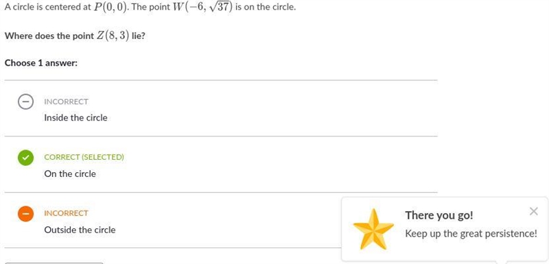 A circle is centered at P (0,0). The point W (-6, \sqrt{x} 37) is on the circle. Where-example-1