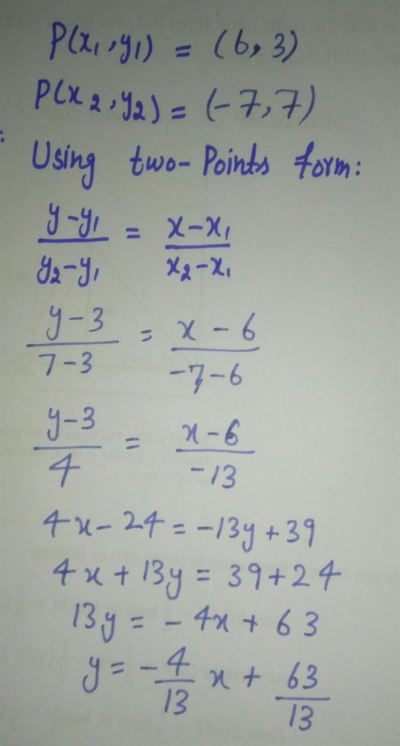 Write the standard form of the equation of the line through the pair of points (6,3) and-example-1