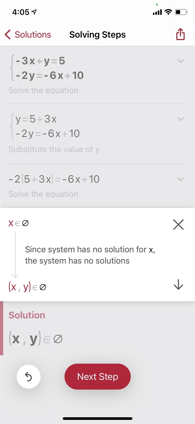 Solving the following system using any method. −3x+y=5 −2y=−6x+10-example-1