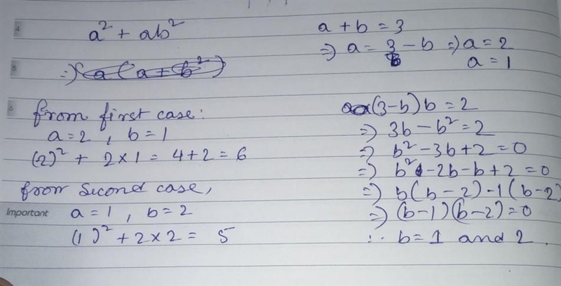 If a+b=3, ab=2, the value of a^2+ab^2?-example-1