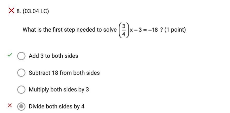 What is the first step needed to solve 3 over 4 multiplied by x minus 3 equals negative-example-1