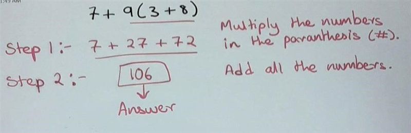 7+9 x (3+8) Order of operations. Please explain.-example-2