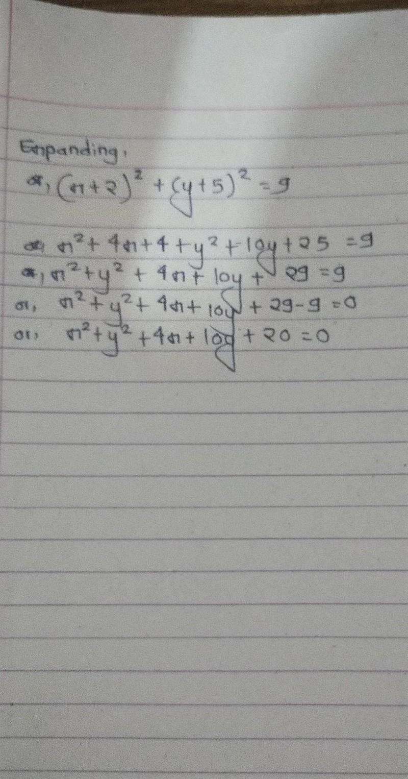 23. Rewrite the equation of the circle (x + 2)2 + (y + 5)2 = 9 in general form. A-example-1