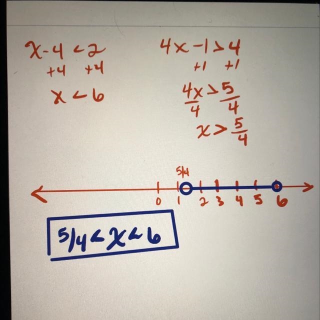 Solve the x−4<2 or 4x−1>4 and write the solution in interval notation-example-1