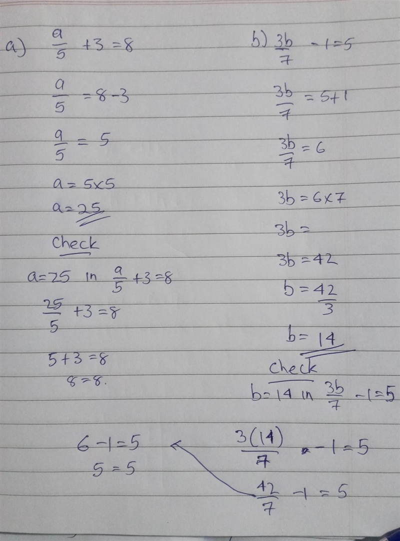 A over 5 + 3 =8 and 3b over 7 - 1 =5​-example-1