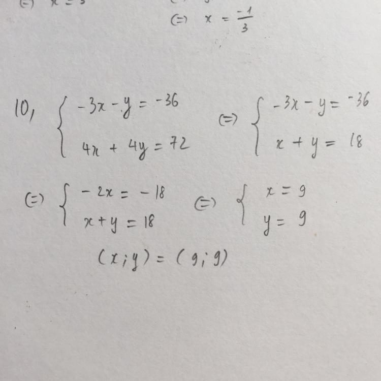 10.) - 3x - y = - 36 4x + 4y = 72-example-1