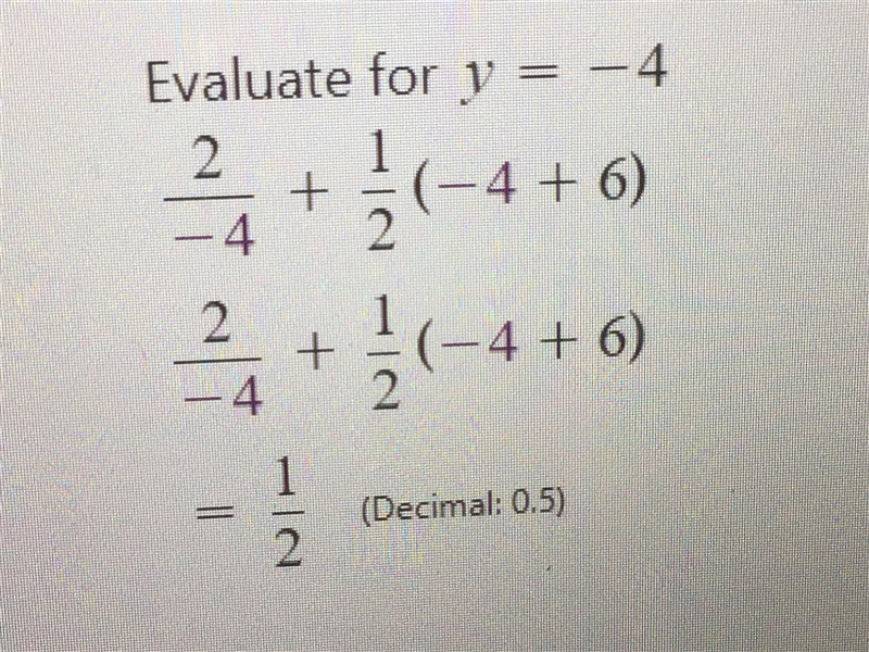 Evaluate the expression if y = -4. | 2/y + 1/2 (y+6) DO NOT SEND ANY LINKS.-example-1