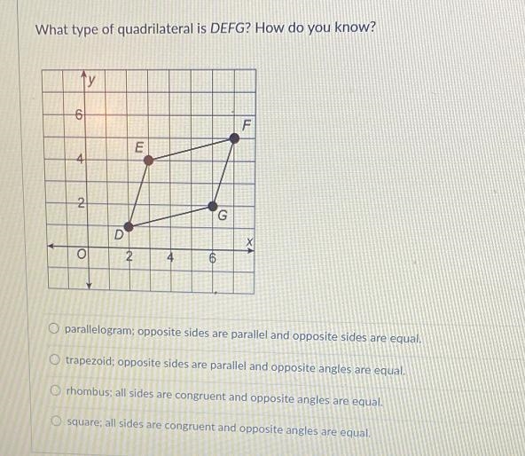 What type of quadrilateral is DEFG? Select all that apply. ty F E 6 2 G 2 D o 2 A-example-1