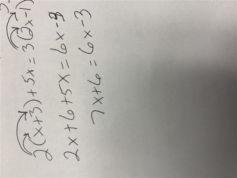 In order to solve for the variable in the equation 2 (x + 3) + 5 x = 3 (2 x minus-example-1