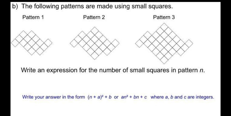 Write an expression for the number of small squares in pattern n Please properly answer-example-1