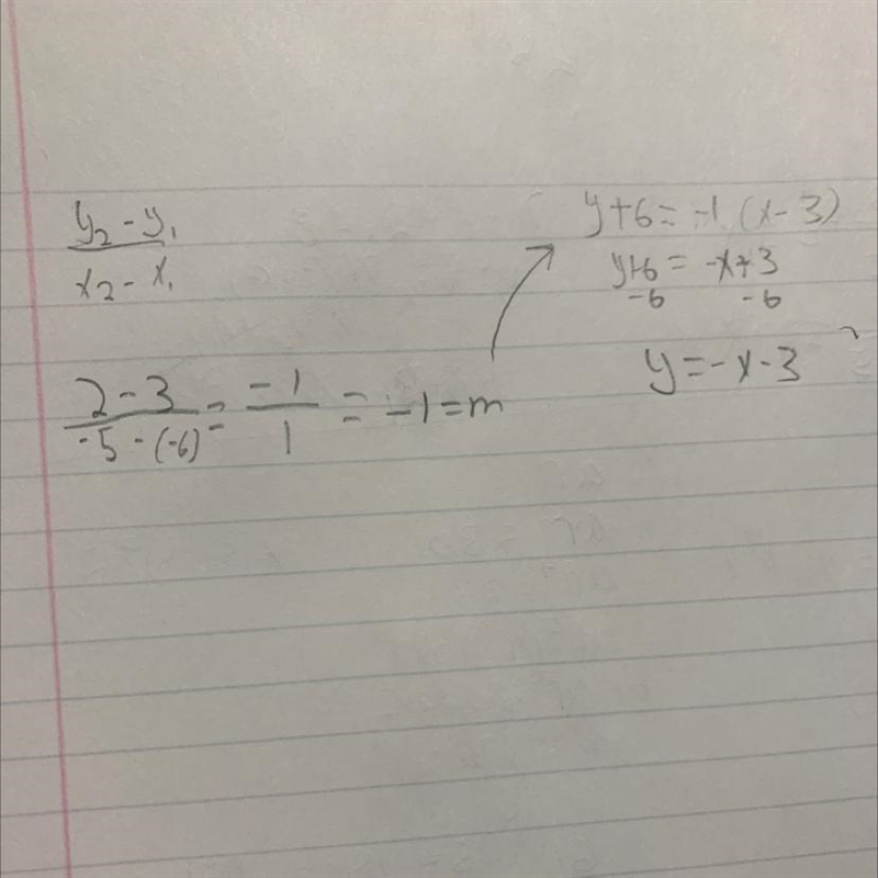 What is the equation of the line that passes through (-6, 3) and (-5, 2)-example-1