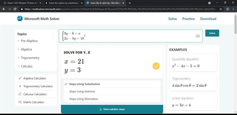 Solve the system by substitution. 9y - 6 = x 2x - 8y = 18​-example-1