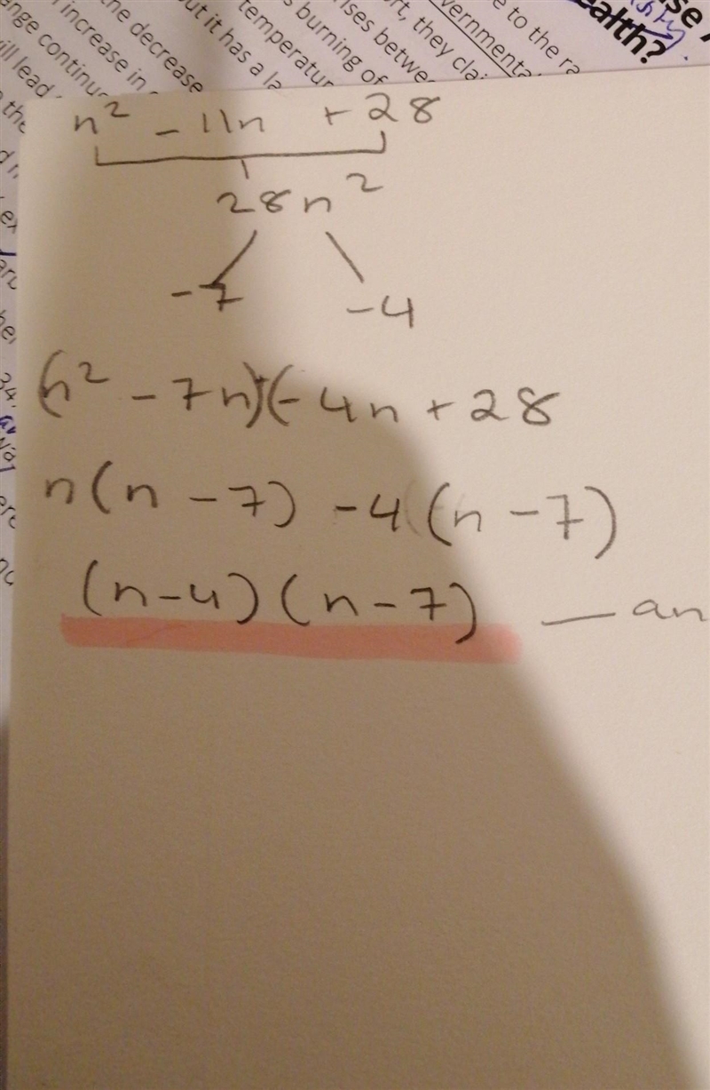 Factor this trinomial. Your answer should consist of two binomials. n^2-11n +28​-example-1