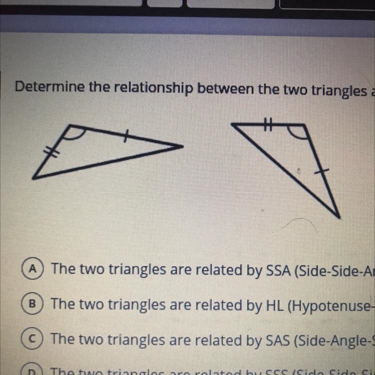 Determine the relationship between the two triangles and whether or not they can be-example-1