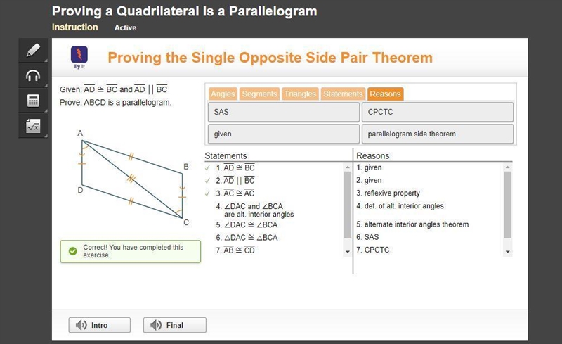 Proving the Single Opposite Side Pair Theorem Given: AD = BC and AD || BC Prove: ABCD-example-1