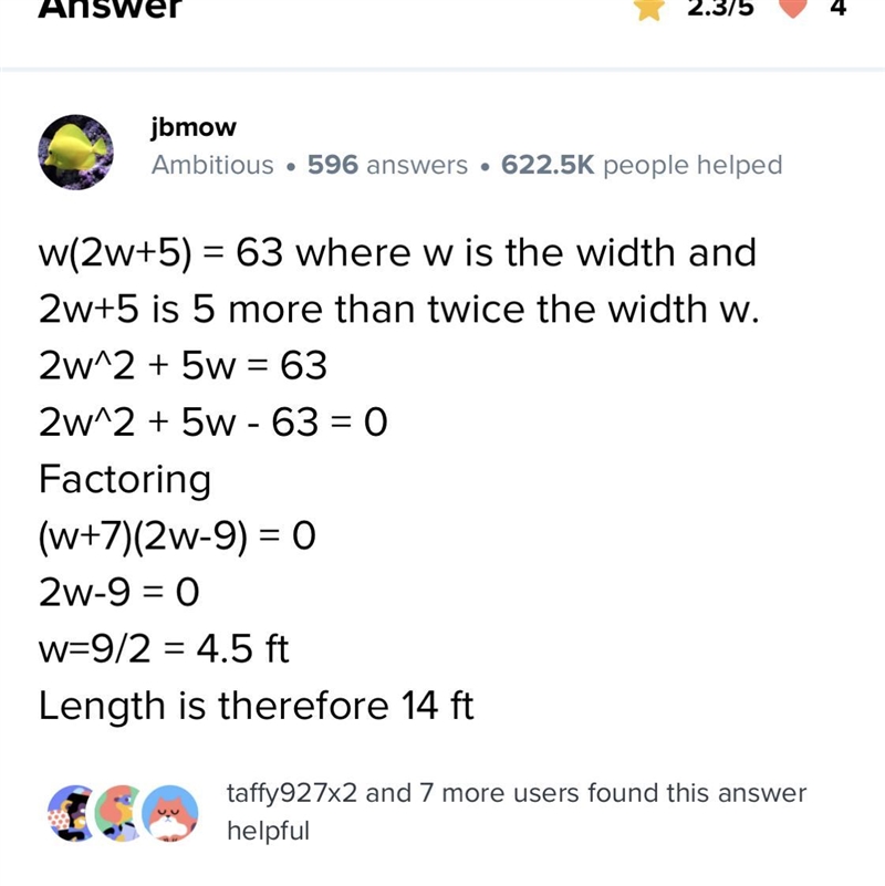 The area of a rectangle is 63 ft^2, and the length of the rectangle is 11 ft more-example-1