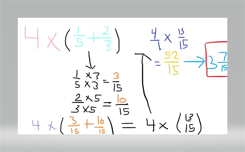 Type your answer as a mixed number 4 times as much as the sum of 1/5 and 2/3-example-1