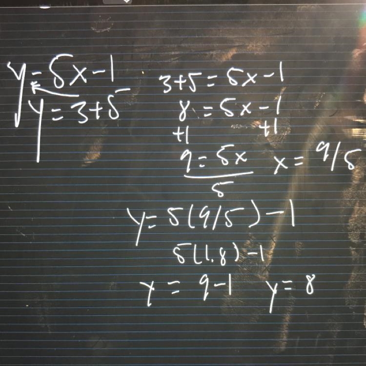 Solve using substitution y = 5x– 1 y = 3 + 5-example-1