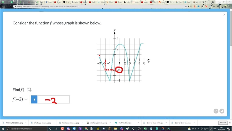 Consider the function f whose graph is shown below. Find f(-2)-example-1