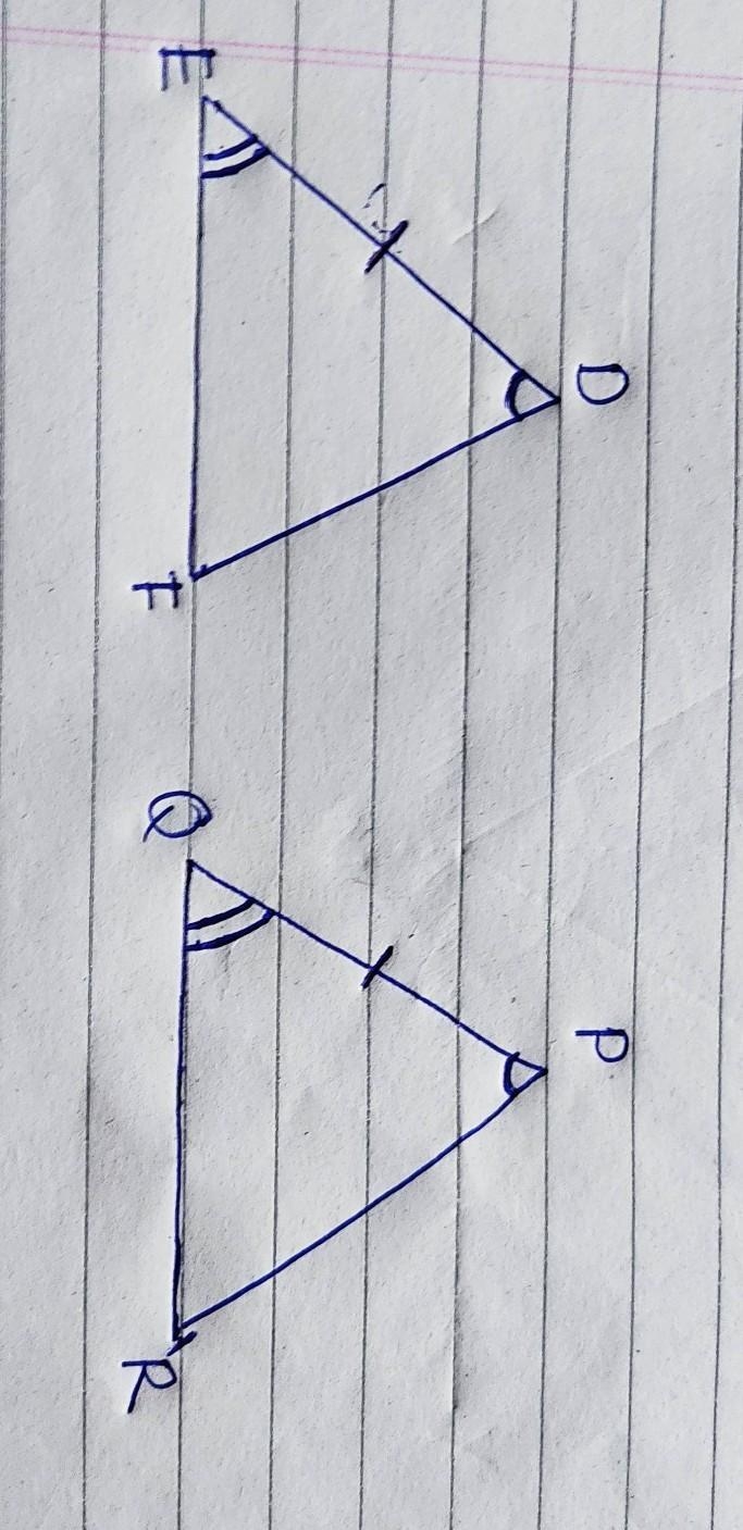 Answer the following 1) ∠D=∠P,∠E=∠Q and DE=PQ, then ∆ DEF ≅ ∆ PQR ,by congruence criteria-example-1