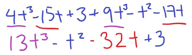 (4t^3-15t+3)-(-9t^3+t^2+17t) Can i have this answer explain please-example-1