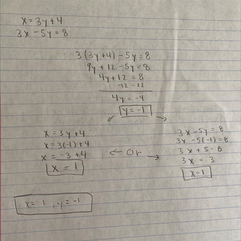 Solve the following system of equations: x = 3y + 4 3x - 5y = 8-example-1