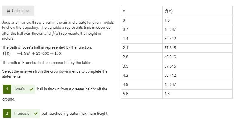 Jose and Francis throw a ball in the air and create function models to show the trajectory-example-1