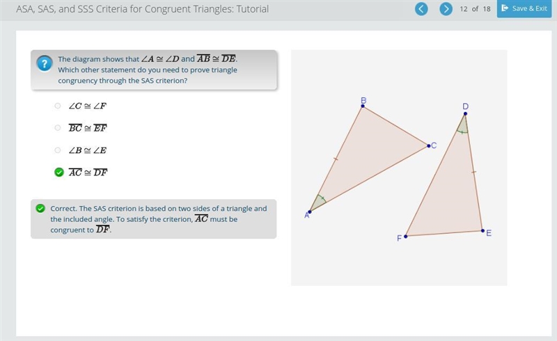 The diagram shows that `/_A cong /_D` and `bar(AB) cong bar(DE)`. Which other statement-example-1