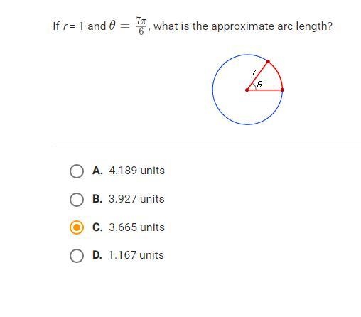 If r=1 and 0=7pi/6, what is the approximate arc length?-example-1