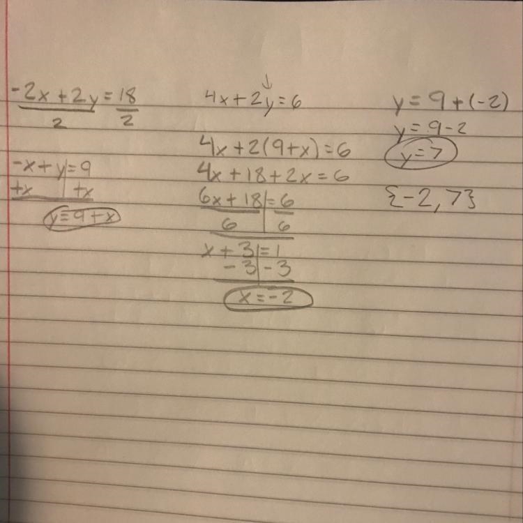 PLEASE HELP! 4x + 2y = 6 -2x + 2y = 18 There combined answer please! SHOW YA WORK-example-1