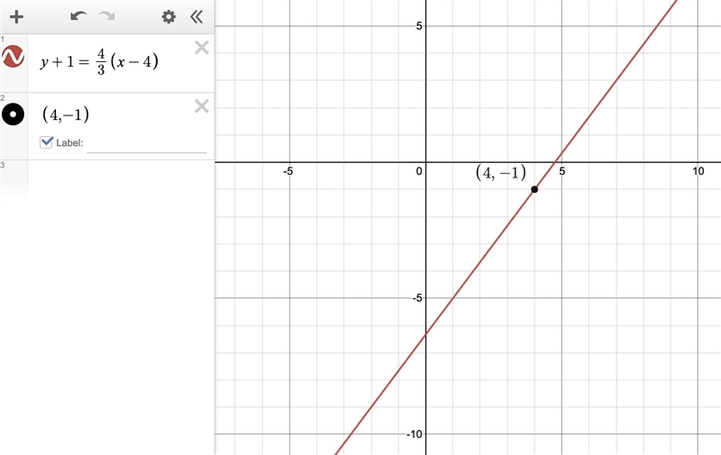 Graph the line passing through (4, -1) whose slope is m = 4/3-example-1