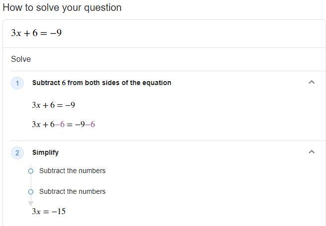 3x + 6 = -9 What is X?-example-1