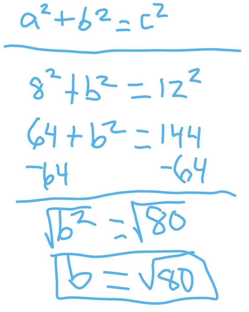 Find the missing side of this right triangle. 12 Х 8 X= V[?] Enter the number that-example-1