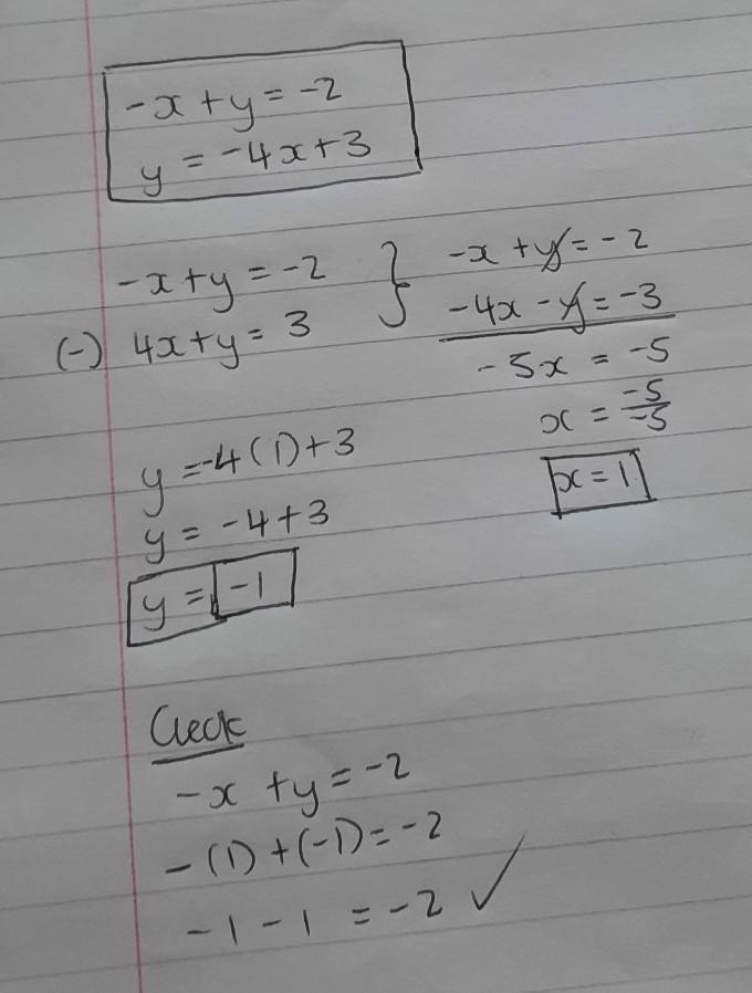 Solve the following systems of equations. -x + y = -2 and y= -4x + 3-example-1