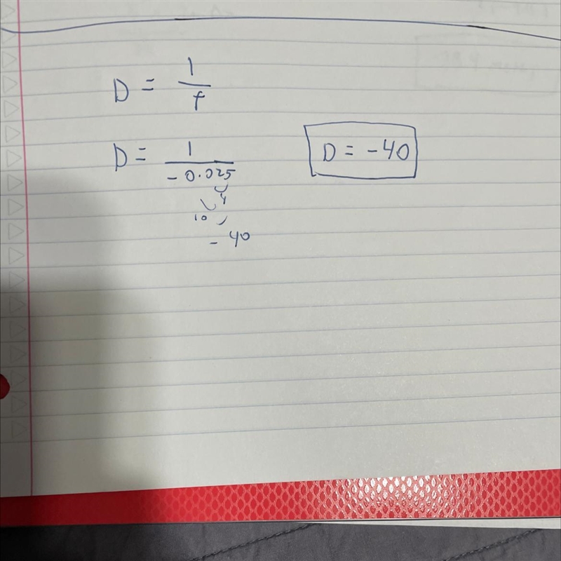 In the formula D = 1 ÷ f, if f is equal to -0.025, then D is equal to-example-1