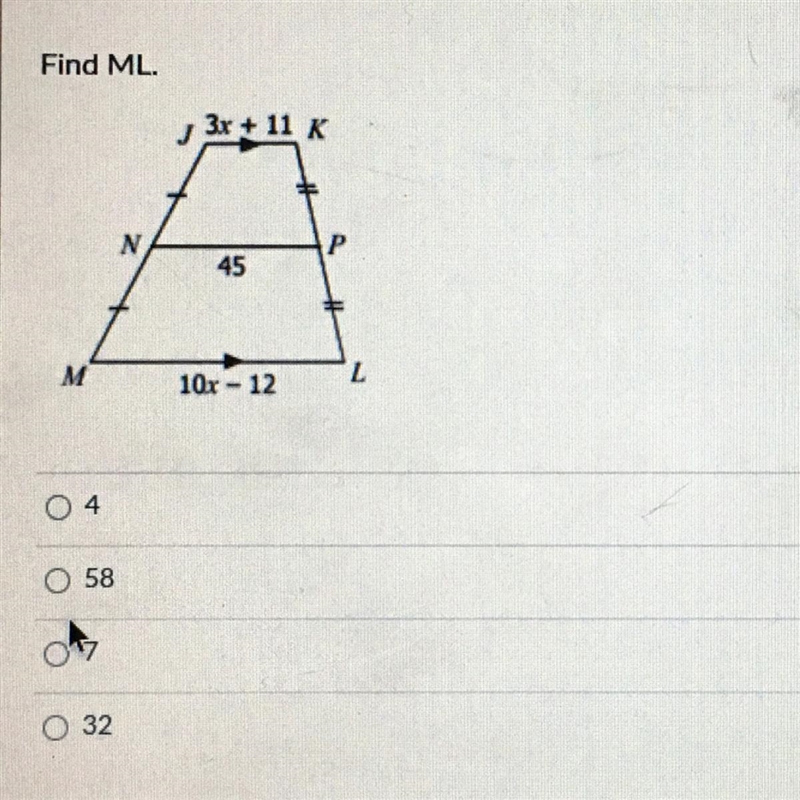 Find ML, JK=3x+11, ML=10x-12, NP=45-example-1