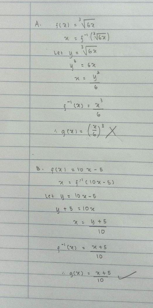 Which pair of functions are inverses of each other? ￼ A. f(x) = \sqrt[3]{{6x}}f(x-example-1