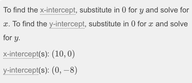 The value of the x intercept for the graph of 4x-5y=40 is a 10 b 4/5 c -4/5 d -8-example-1