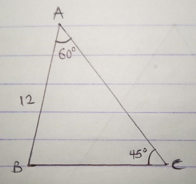 Given: ΔABC, AB=12, m∠A=60°,m∠C=45°, AB =8 Find the perimeter of ΔABC-example-1