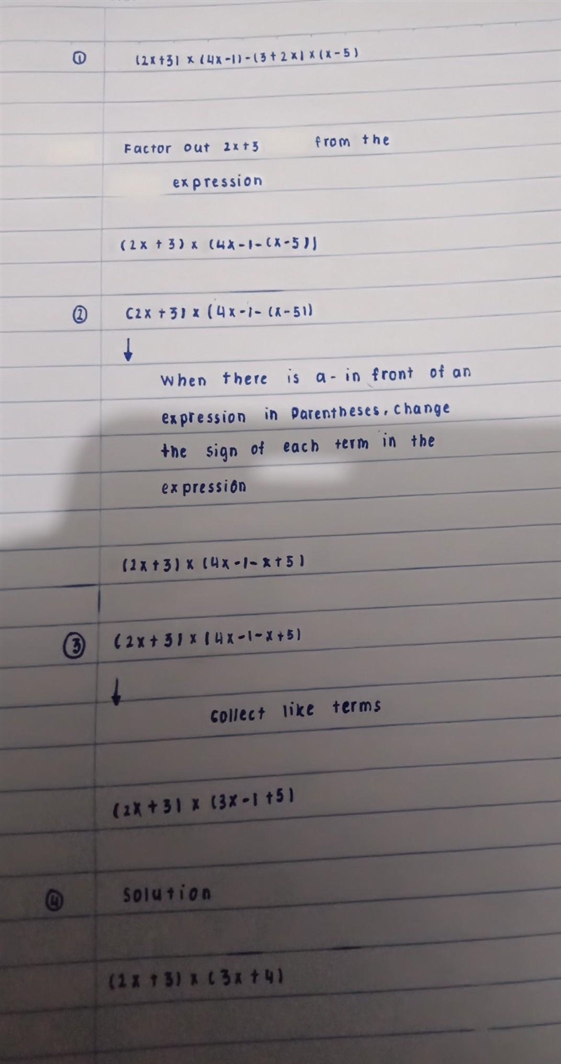 Hi can someone reply me I am not sure how to factorise (2x+3)(4x-1)-(3+2x)(x-5)-example-1